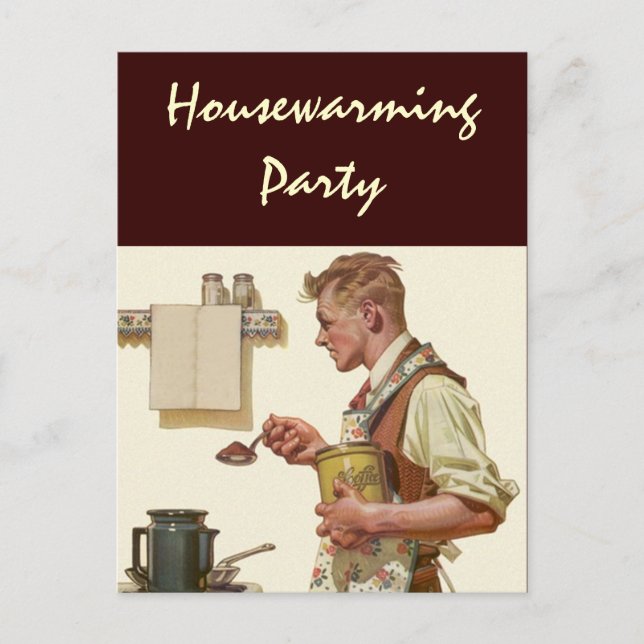 Postcard Retro Man makes Coffee Housewarming Party (Front)