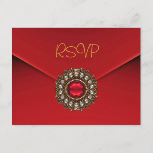 Postcard RSVP Invitation Red Gold Jewel
