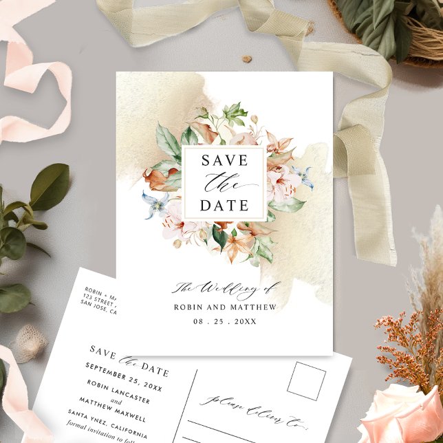 Postcard Save The Date Earthy Blooms Beige Wedding (Creator Uploaded)