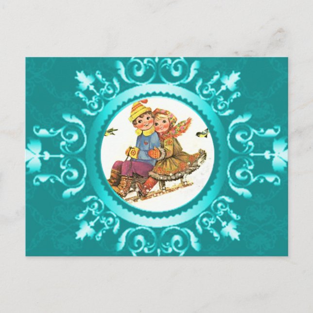 Postcard Sleigh Ride or Your Photo Icy Blue Frame (Front)