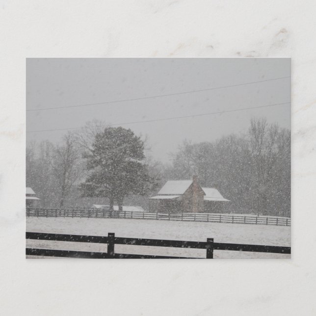 Postcard  Snow falling on a farm. (Front)