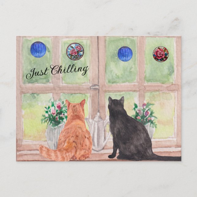  POSTCARD Two Cats at the Window Serene Flowers (Front)