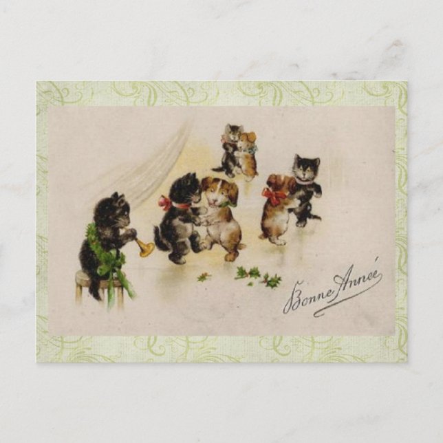 Postcard-Vintage Christmas Cats Dogs Dancing Holiday Postcard (Front)
