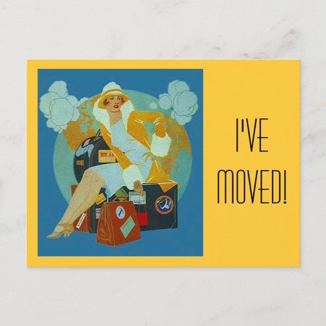 Postcard Vintage I've Moved Luggage Baggage Packed (Front)