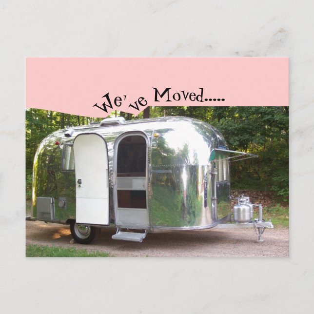 Postcard Vintage Travel Trailer Retro We've Moved (Front)