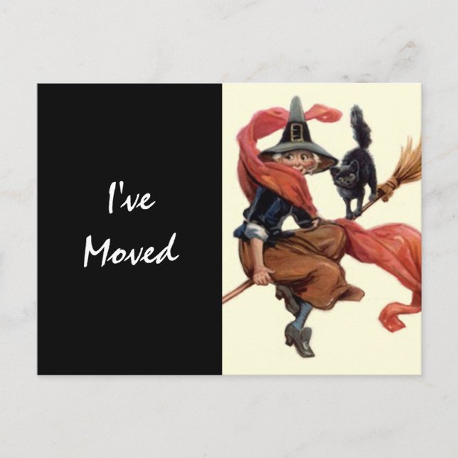 Postcard Vintage Witch on Broom Moved New Address (Front)