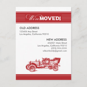 POSTCARD: We've Moved! Antique Car (red) Announcement Postcard