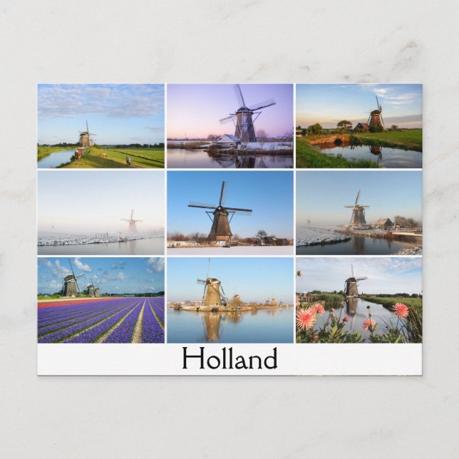Postcard with a collage of windmills in Holland (Front)
