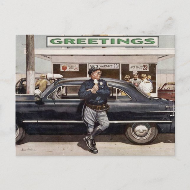 Postcard with Cool Vintage Diner Cop Illustration (Front)