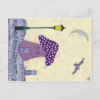 Postcard with Mushroom House, Lamp Post, Cat