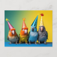 Postcard with Parrots with Party Hats on