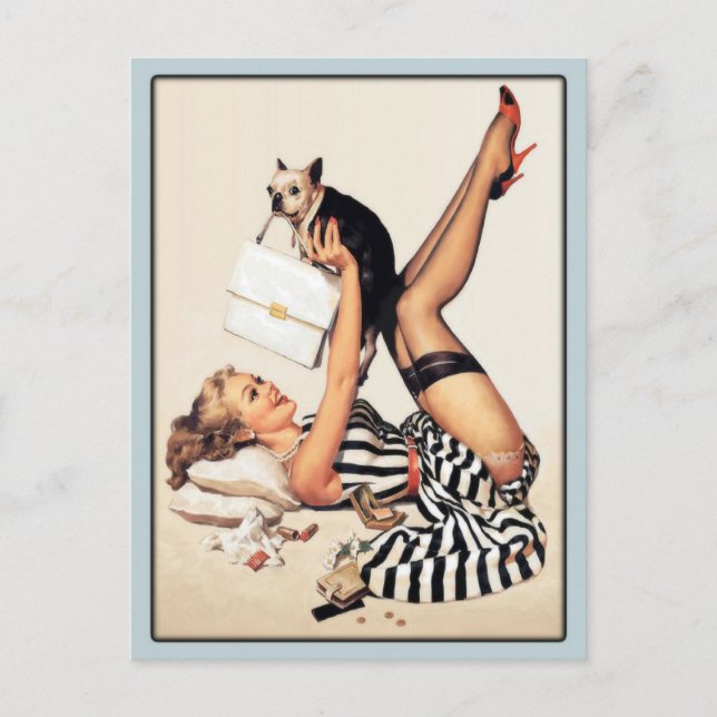 Postcard with Vintage Babe Playing with Her Dog (Front)