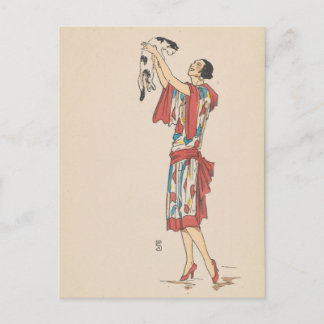 Postcard - woman and cat - French artist