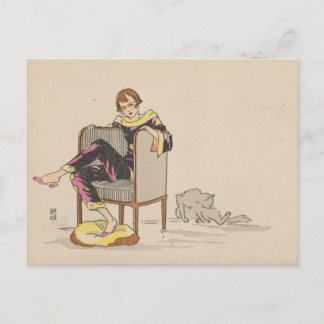 Postcard - woman and cat - French artist
