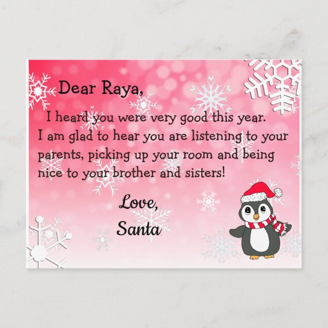Postcards from Santa: Red Penguin  in Santa Hat (Front)