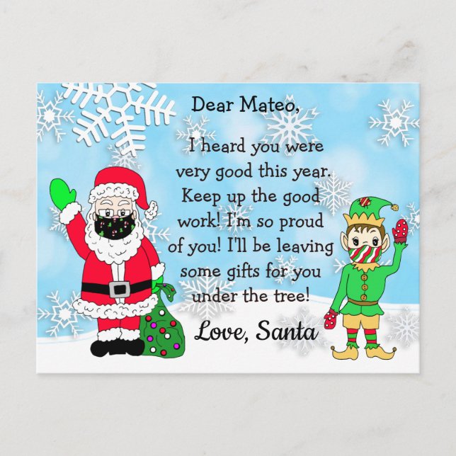 Postcards from Santa: Santa and Elf in Facemasks (Front)