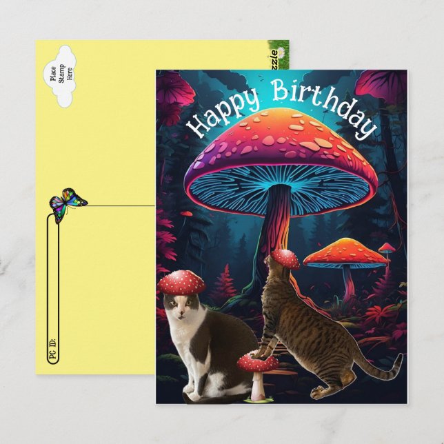 Postcrossing Mushrooms and Cats Birthday Postcard (Front/Back)