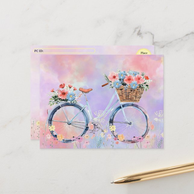 Postcrossing - Pastel Flowered Bicycle Holiday Postcard (Front/Back In Situ)