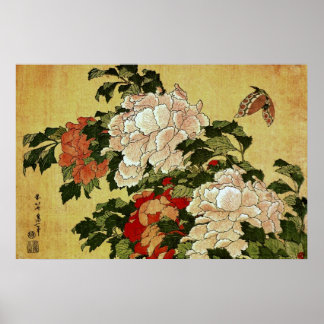 Poster 北 斎 Hokusai Peonies & Papillons