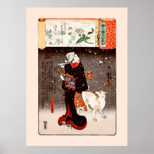 Poster 國 芳 Femme & Chien en Snow Kuniyoshi Art