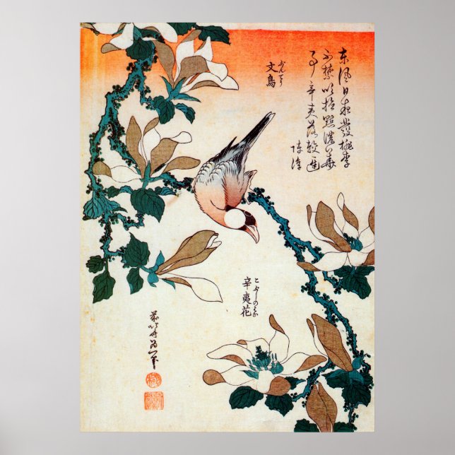 Poster 文 鳥 北 と separrow et Kobushi, Hokusai 斎 (Devant)
