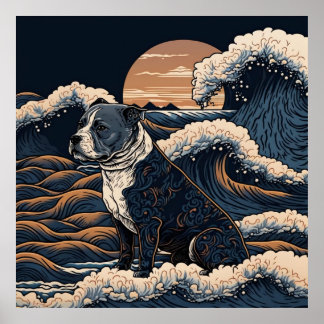 POSTER 日本の伝統的なヴィンテージデザインを使用したアート作品　躍動感のある波と犬