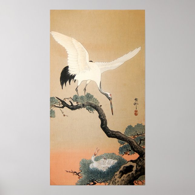 Poster 松 に 鶴, 邨 grue 古 sur Pine Tree, Koson, Ukiyo-e (Devant)