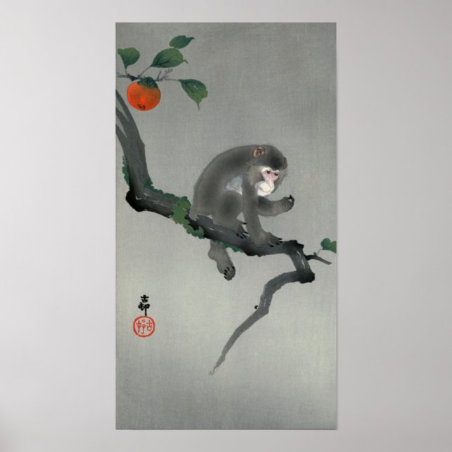 Poster 柿 に 猿, 古 邨 singe sur l'arbre Persimmon, Ohara Koso (Devant)