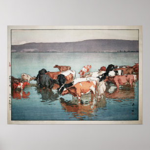 Poster 沼崎牧場の昼, Cows, Hiroshi Yoshida, Woodcut