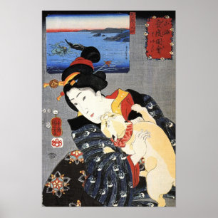 Poster 猫 と 女, 国 芳 Chat et Femme, Kuniyoshi, Ukiyoe