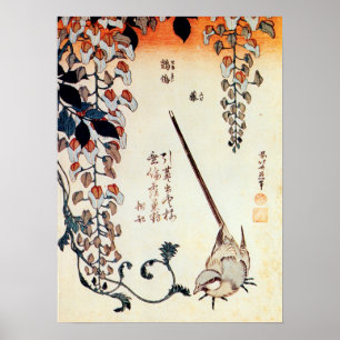 Poster 藤 に キ イ, 北 Wagtail et Wisteria, Hokusai, Ukiyo-e