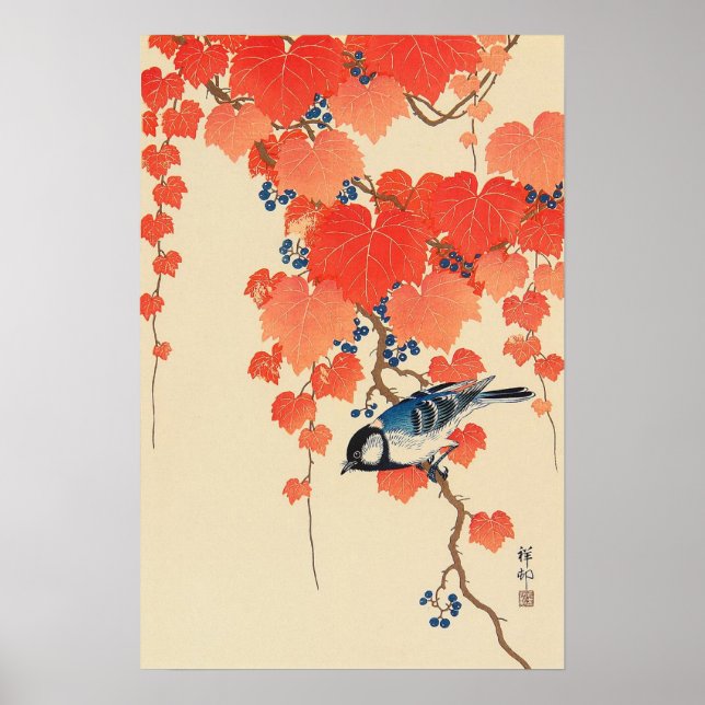 Poster 赤 い 蔦 鳥, 古 邨 Oiseau sur Red Ivy, Koson, Ukiyo-e (Devant)