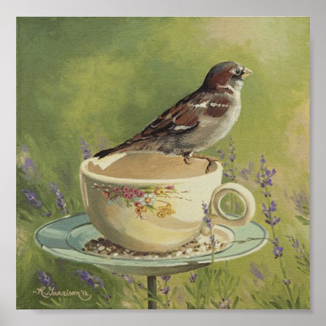 Poster 0470 Sparrow on Teacup Art Print (Devant)