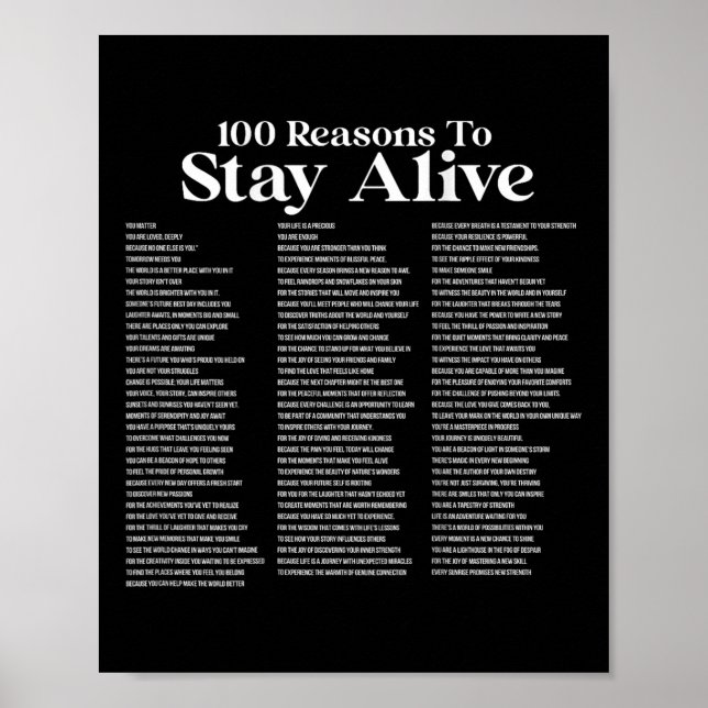 Poster 100 Raisons de rester en vie Prévention du suicide (Devant)