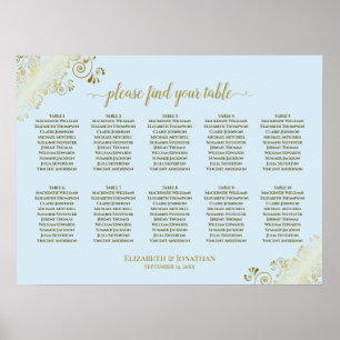 Poster 10 Table Wedding Seating Chart Powder Blue & Gold