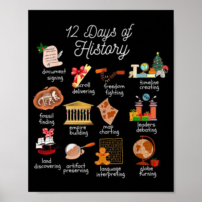 Poster 12 Day Of History Teacher Christmas Social Studies (Devant)