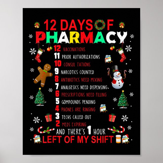 Poster 12 Days Of Pharmacy Funny Christmas Pharmacist Tec (Devant)