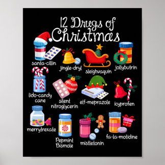 Poster 12 médicaments de Noël Pharmacien Technicien Pharm