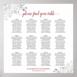 Poster 12 Table Frilly Red & White Wedding Seating Chart