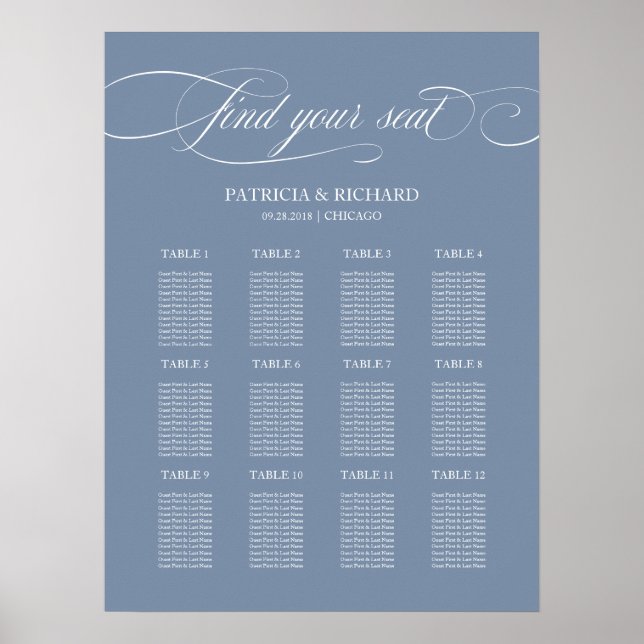 Poster 12 Tables Mariage Plan de siège Signer Dusty Blue (Devant)