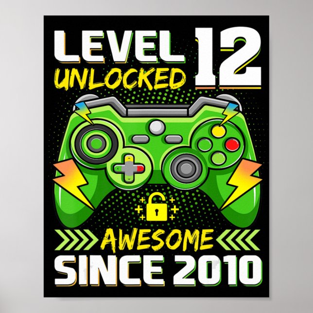 Poster 12e anniversaire cadeau niveau 12 déverrouillé inc (Devant)