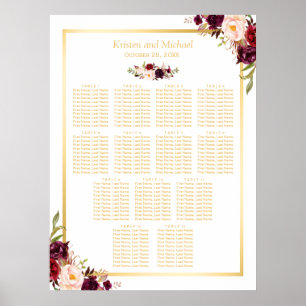 Poster 13 Tables Mariage Siège Or Bourgogne Floral