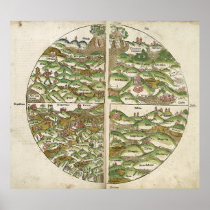 Poster 1475 Carte du monde de coupe de bois la plus ancie