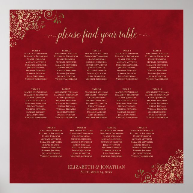 Poster 14 Table Frilly Mariage Seating Chart Rouge & Or (Devant)