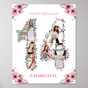 Poster 14e anniversaire Fille rose Photo Collage Blanc