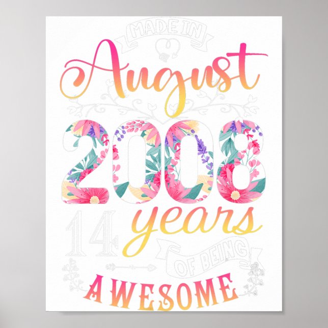 Poster 14e anniversaire Fleurs Cadeau pour les filles née (Devant)