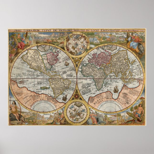 Poster 1594 Orbis Terrarum Typus Double Hémisphère Monde (Devant)