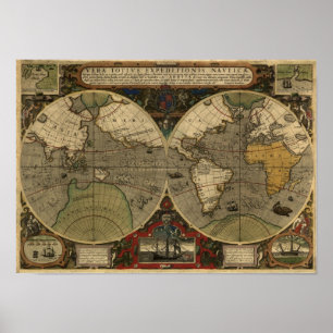 Poster "1595 World Map of Hondius" Historic Map