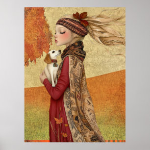 Poster *~* 15 FD2 Chien Automne Fille Whimsical Automne R