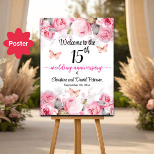 Poster 15e anniversaire Mariage Blush Roses Bienvenue
